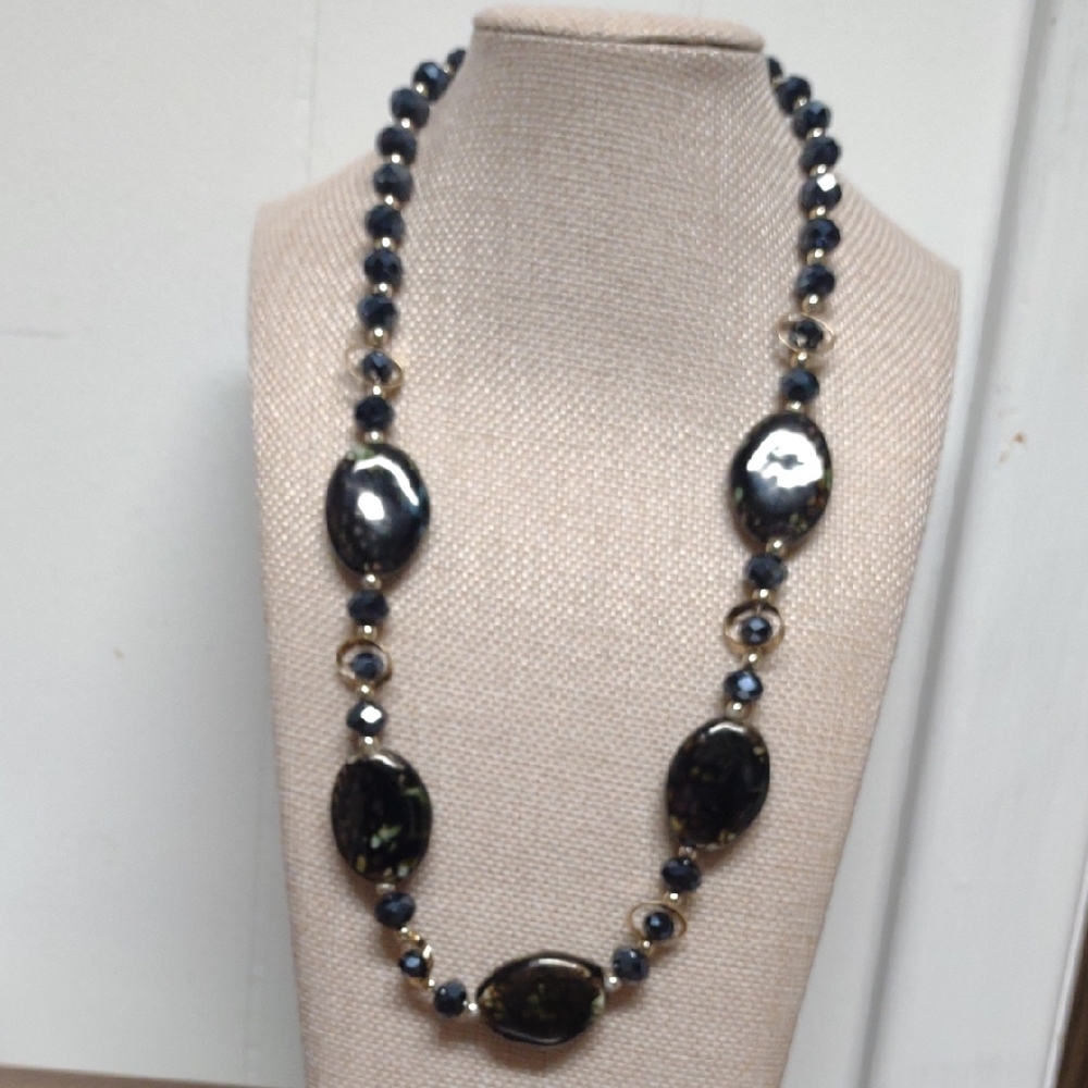 Vintage Glass Black/Bluish and Gold Necklace - Picture 1 of 4